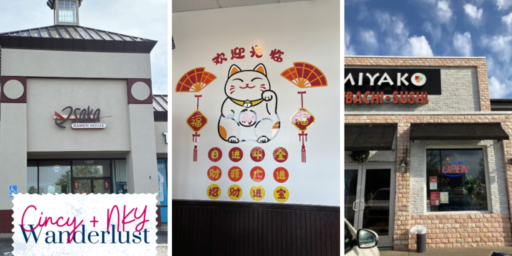 Best Restaurants in Northern Kentucky image showing three side by sides of Osaka Ramen House, Miyako Hibachi & Sushi, and the Exterior of Miyako