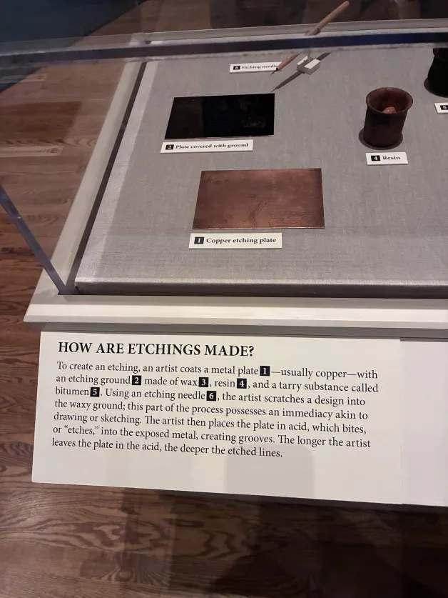 Display from the Taft Museum in the Rembrandt exhibition showing how etchings could have been created
