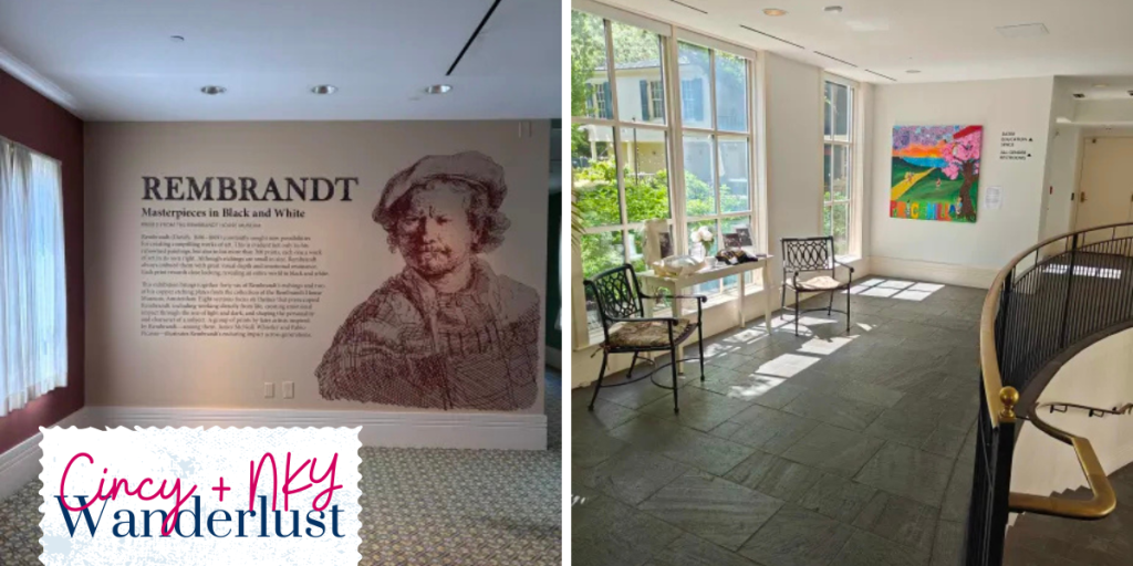 Image showing the mural in the taft museum for the rembrandt exhibition and the interior of the museum near the cafe.
